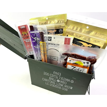 Exotic Gourmet Survivor s Kit in a Ammo Can - Premium Whole Pieces Sticks for Camping Hiking Fishing Hunting Apocalypse Prepping - Long Shelf Life