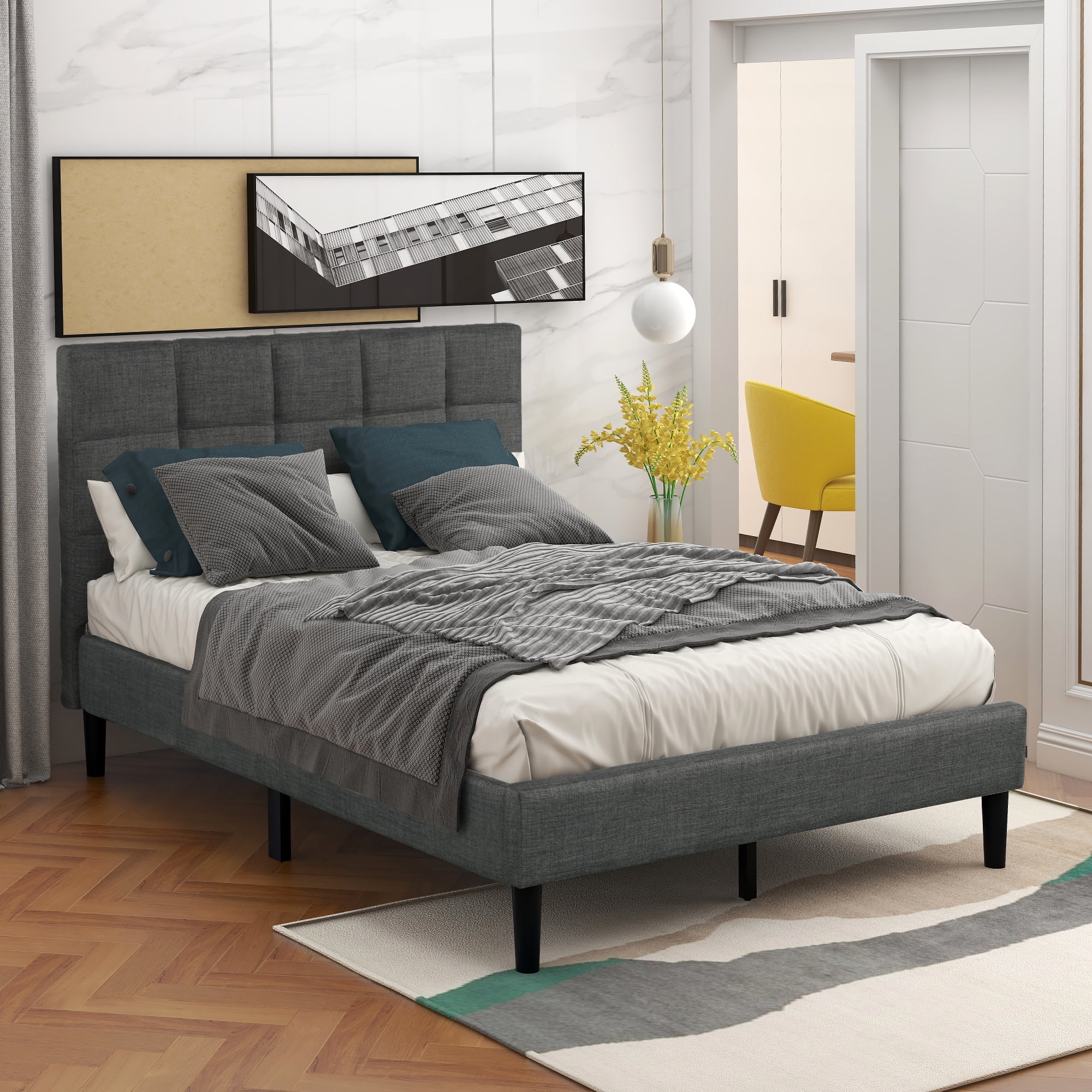 Platform Beds, Twin Size Bed Frame with Headboard-Twin, Gray Platform Beds, Twin Size Bed Frame with Headboard-Twin, Gray