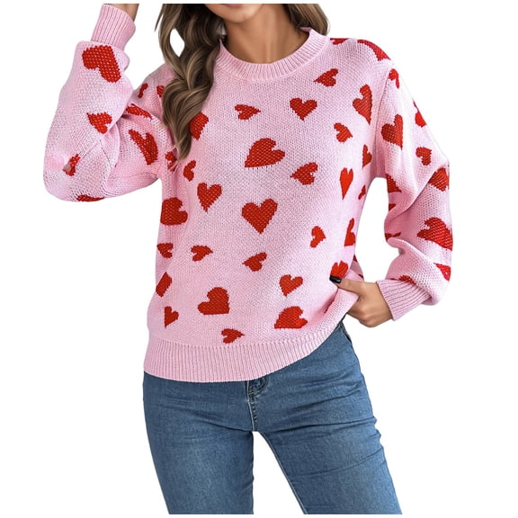 Tiweut Heart Sweater for Women Valentines Day Cute Love Print Casual Crewneck Long Sleeve Pullover Knitted Sweaters Tops,Pink,S