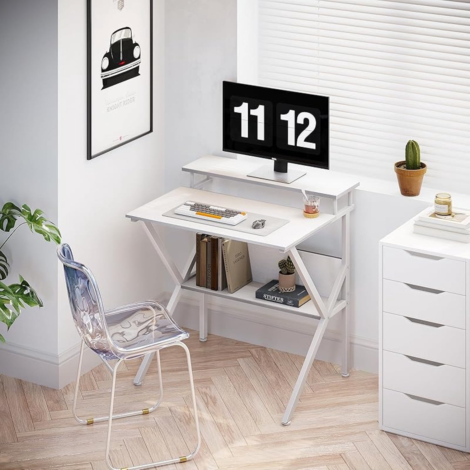 Small Desk, 27.5 Inch Small Computer Desk for Small Spaces, Compact Desk with Storage, Tiny Desk Study Desk with Monitor Stand for Home Office