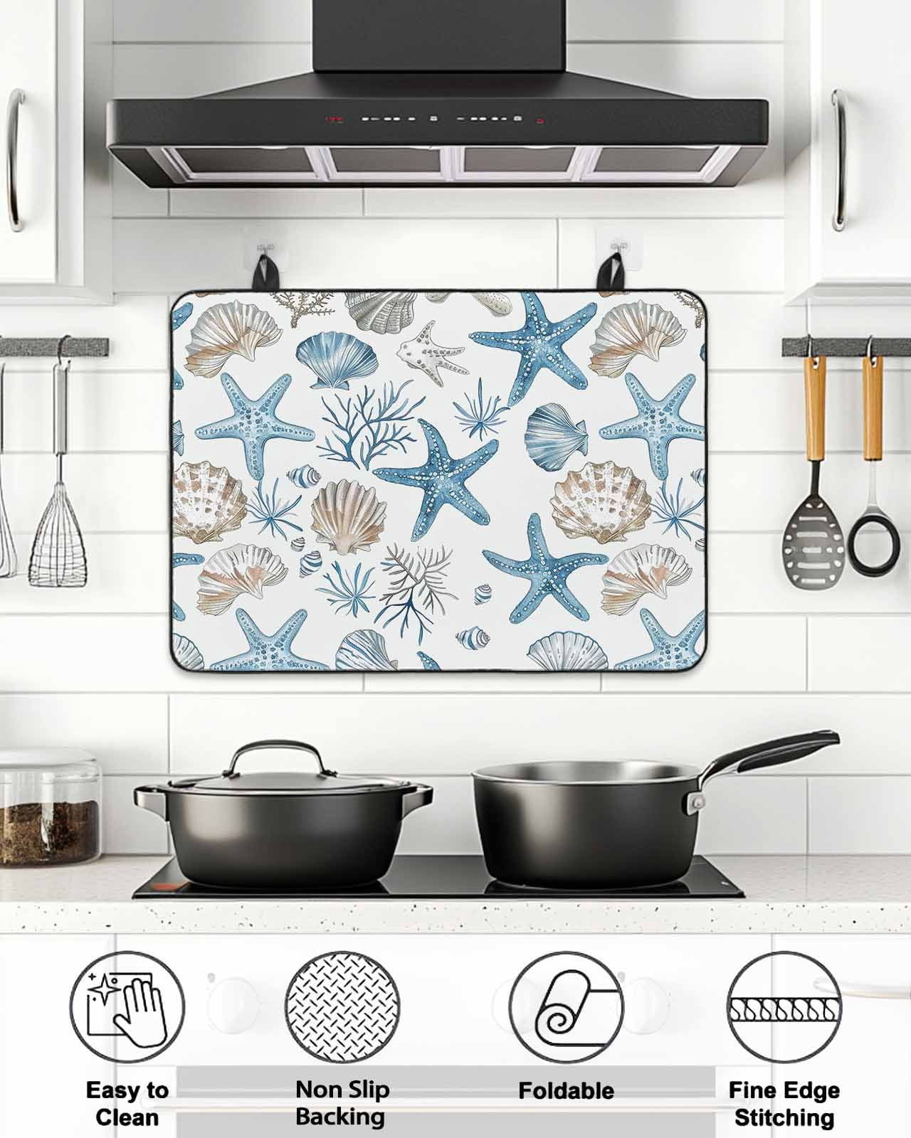 Stove Top Covers for Electric Stove, Blue Beige Coastal Glass Stovetop Cover Protector, Summer Beach Nautical Starfish Shell Induction Cooktop Protector Oven Mat for Kitchen Countertop 24"x21"