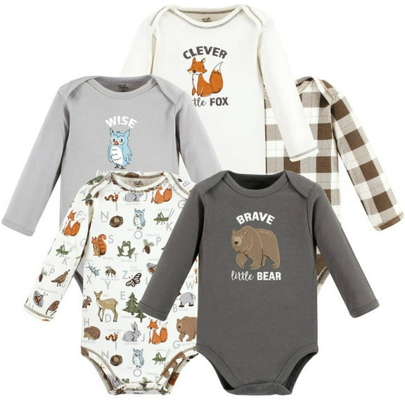 Touched by Nature Organic Cotton Long-Sleeve Bodysuits, Boy Woodland Alphabet 5-Pack, 0-3 Months