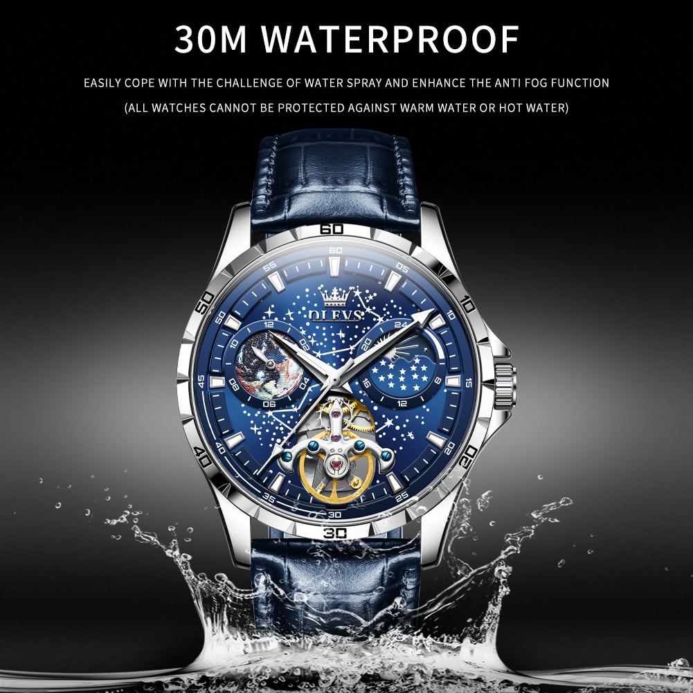 OLEVS Automatic Watches for Mens Starry Sky Skeleton Tourbillon Self Winding Mechanical Moon Phase Luminous Waterproof Luxury Dress Mens Wrist Watches Gifts Reloj Para Hombre Black/Blue/Green