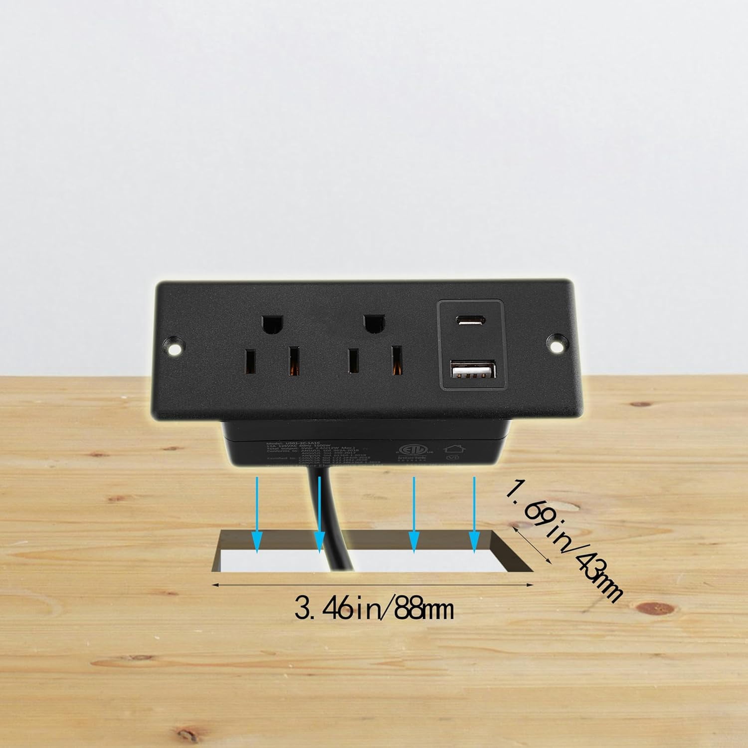 RGHJAR-Recessed Power Strip with USB-C and USB-A, 2 AC Outlets, in-Desk Flush Mount Power Strip, 125V 12A 1500W, for Desk Countertop Kitchen Island (Black, 4.9FT)