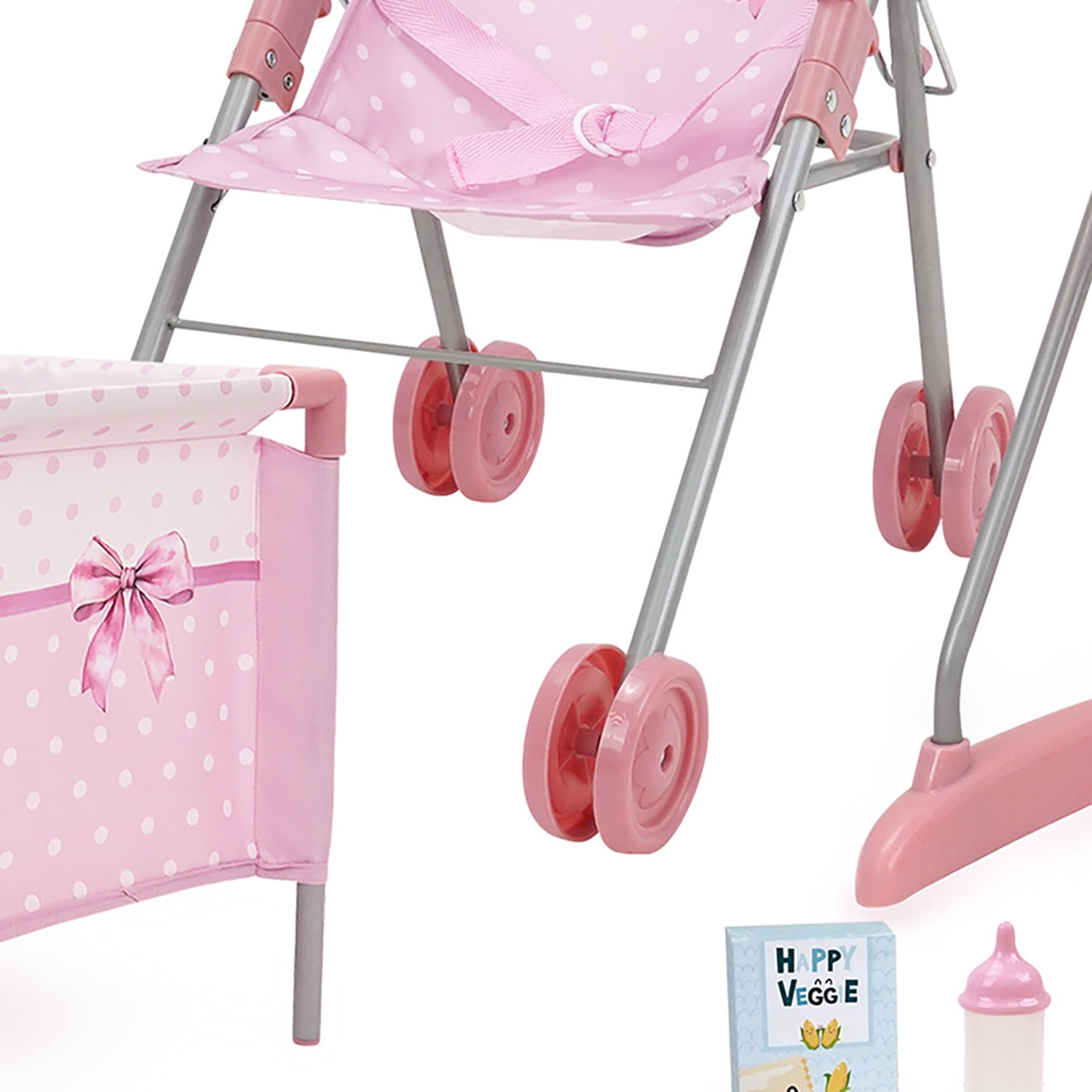 509 Crew: Bow Travel Care n Feed Set - Pink & White, 8pc On-the-Go Doll Accessories, Highchair-Umbrella Stroller-Play Yard, Doll Roleplay Toy, Kids 3+