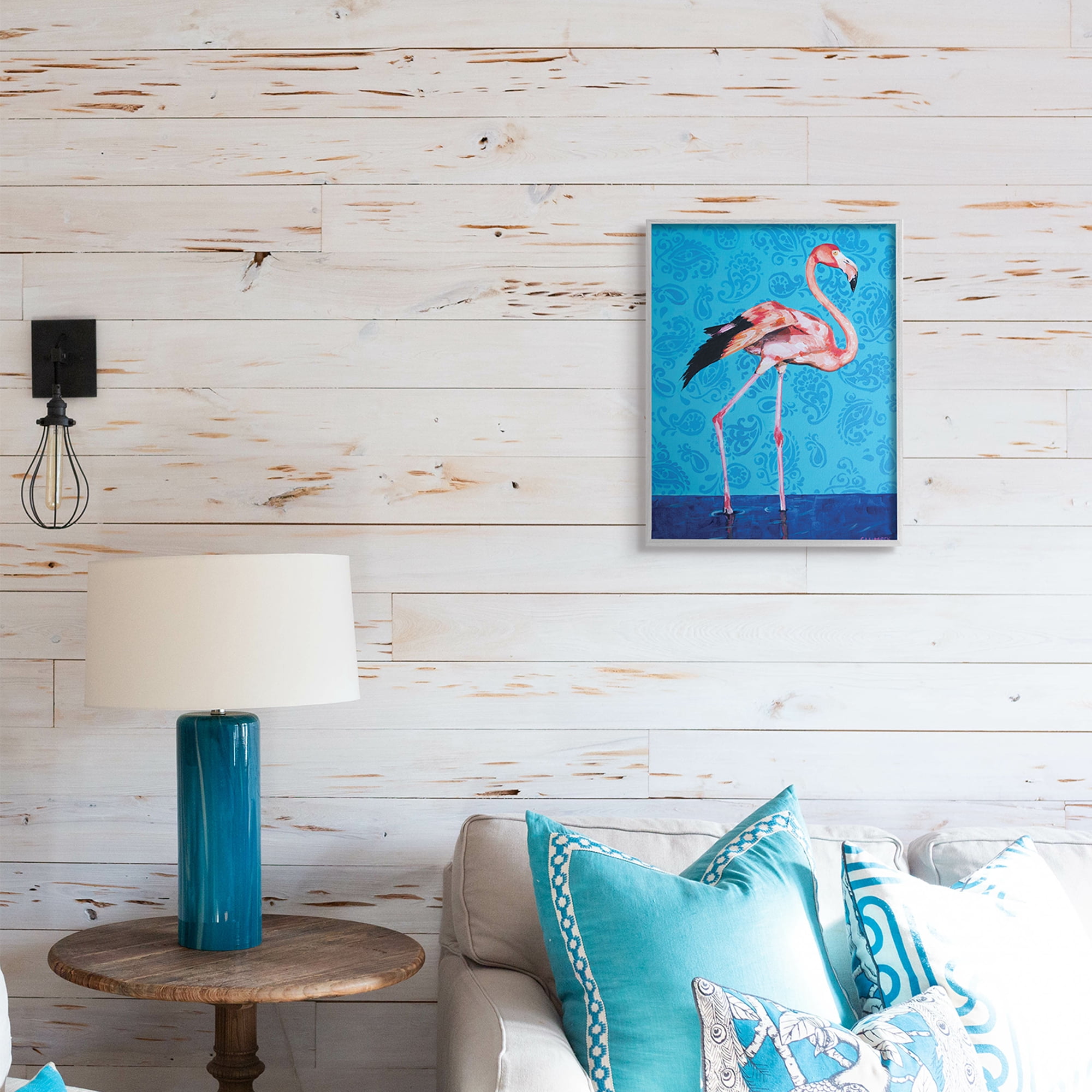 Pink Flamingo in Water Over Blue Paisley Pattern 16 in x 20 in Framed Painting Art Print, by Stupell Home Décor