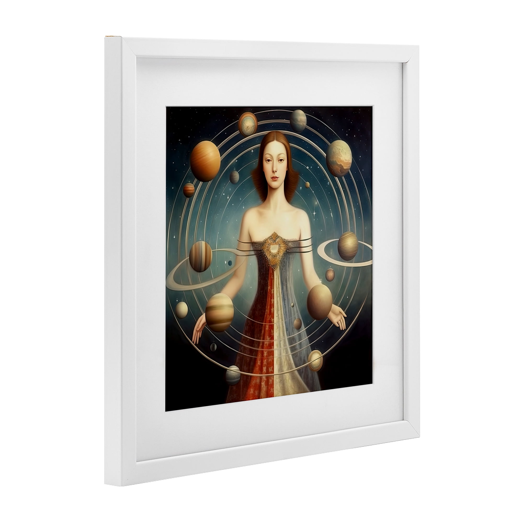 Galactic Orbits Woman White Framed Print Under Glass, design by Sasha