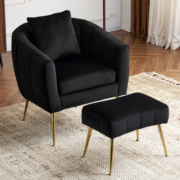 Ktaxon Accent Arm Chair with Ottoman Stool, Velvet Upholstered Club Chair with Lumber Pillow and Footrest Pumpkin Shape Sofa Black