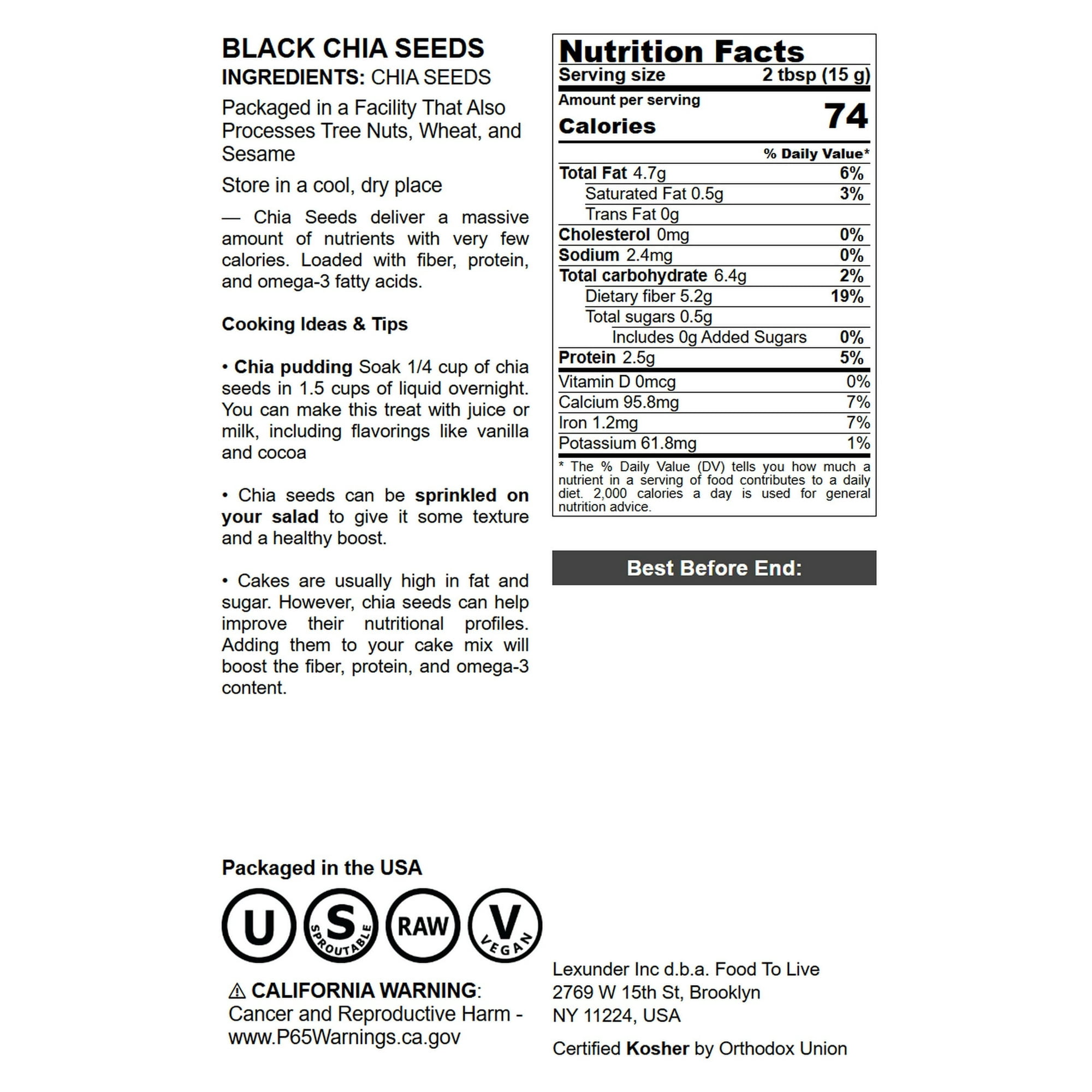 Black Chia Seeds, 5 Pounds - Kosher, Sproutable, Raw, Vegan - by Food to Live
