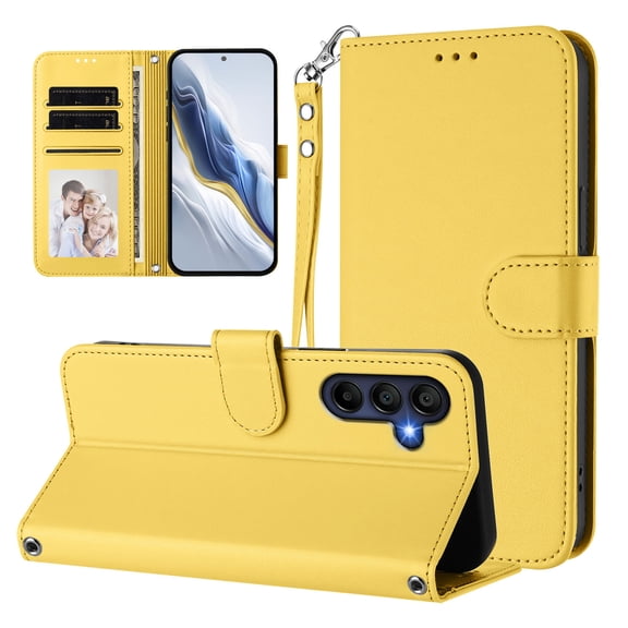 Decase Solid Wallet Case for Samsung Galaxy A17 5G,Rugged 3 Card Slots Kickstand Folio Cover,Shockproof TPU Leather Hybrid Magnetic Closure Protective Flip Cover for Galaxy A17 5G,Yellow