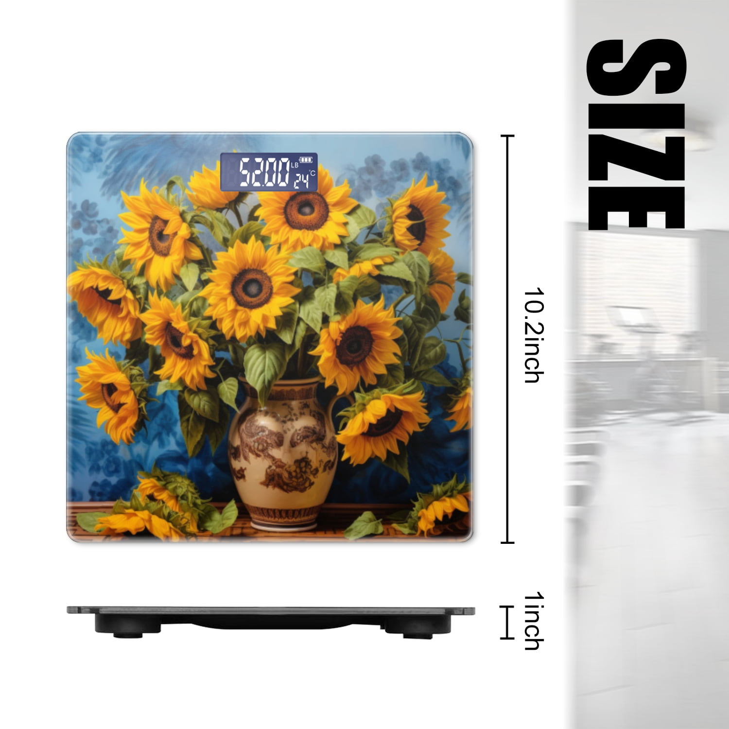 Bathroom Scale, Highly Accurate Digital Body Scale,Precisely Measures Weight up to 400 lbs-Vase Of Sunflowers Against Antique Blue Wall