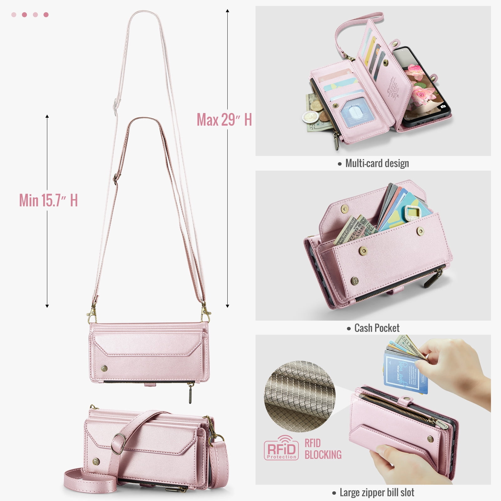 for Samsung Galaxy A16 5G Wallet Case with 10 Card Slots Zipper Pocket,PU Leather Magnetic Flip Folio Wristlet Shoulder Strap 3-in-1 Crossbody Phone Case Wallet for Women Men,Pink
