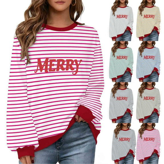 Meichang Merry Christmas Striped Sweatshirt for Women Xmas Graphic Crewneck Sweatshirt Long Sleeve Pullover Tops Fall Winter Holiday Oversized Sweatshirts