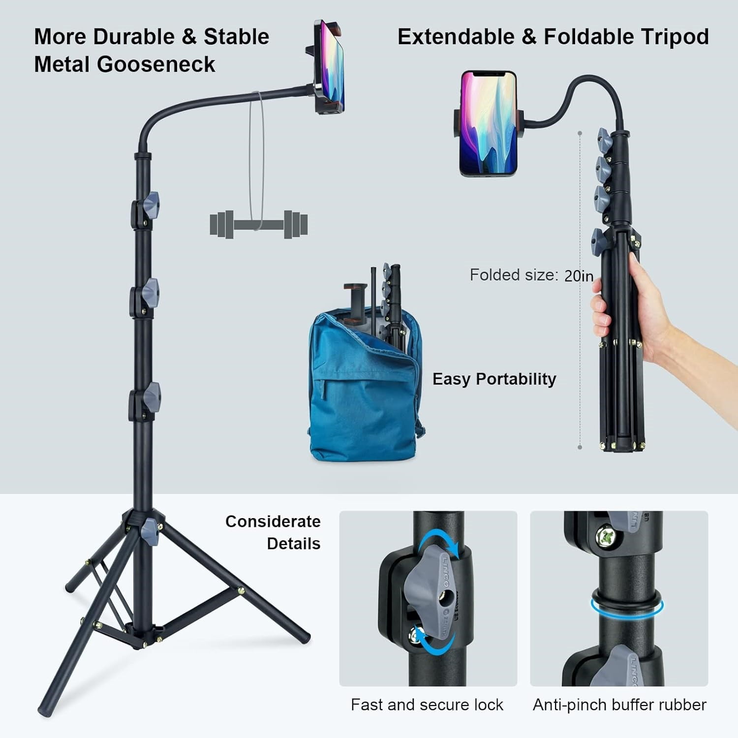 LINCO Phone Tripod 80in Selfie Stick Tripod Stand Cell Phone Tripods with Remote Phone Holder Stable Heavy Durable Metal Compatible with iPhone Samsung GoPro Smartphone