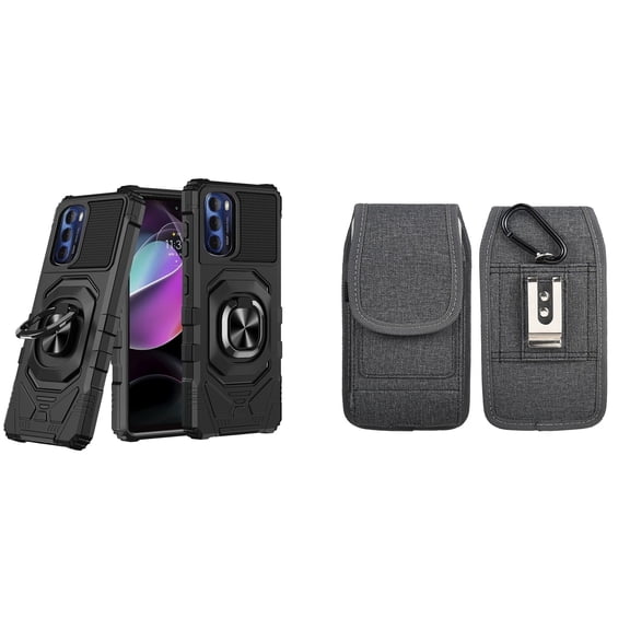 Case with Belt Holster Bundle for Moto G 5G 2022: Heavy Duty Shield Cover (Black) and Vertical Phone Pouch Nylon Fabric (Grey)