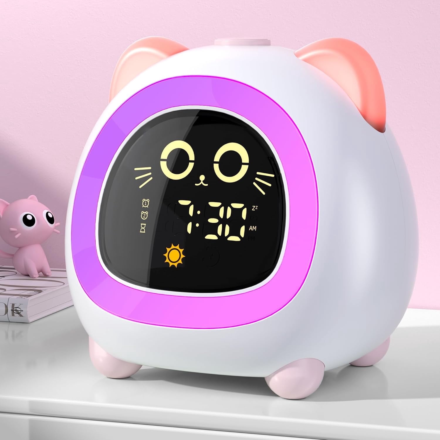 Sailstar Kids Alarm Clock with OK to Wake Light Sleep Trainer and Dual Alarm Pink Cat Design