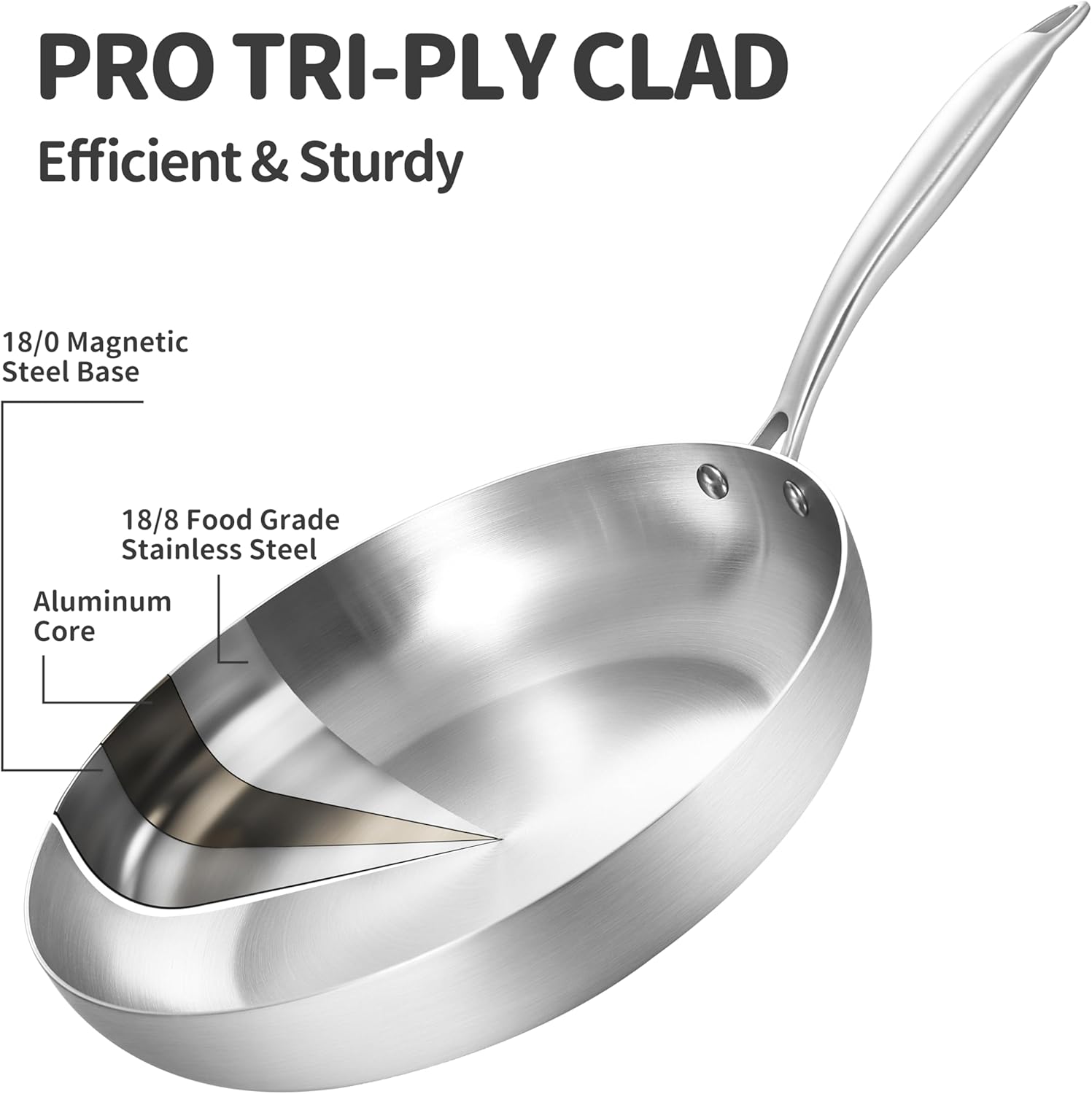 P&P CHEF 8 & 10 Inch Stainless Steel Frying Pan Set - 3-Ply Tri-Ply Skillets For Induction & All Stoves