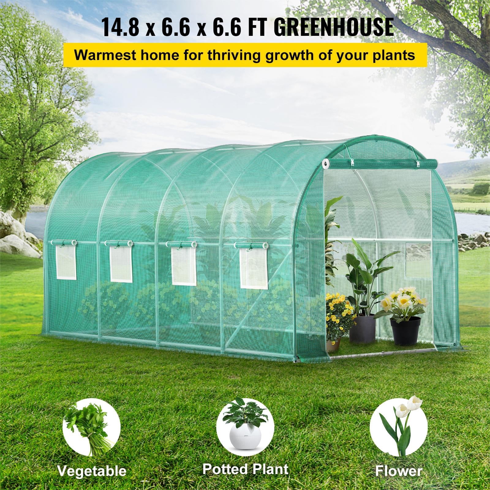 KFFKFF Walk-in Tunnel Greenhouse, 15 x 7 x 7 ft Portable Plant Hot House w/ Galvanized Steel Hoops,Diagonal Poles, Zippered Door & 8 Roll-up Windows, 1 Top Beam, Green