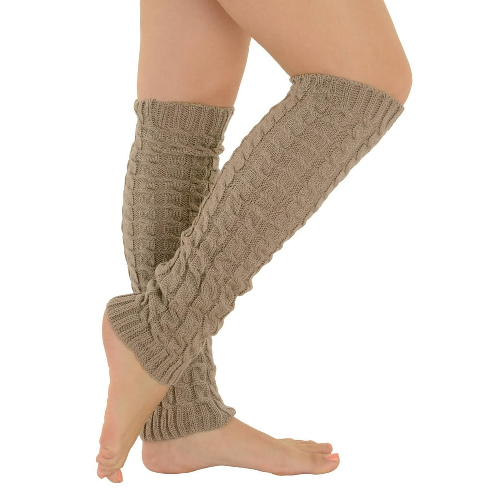 MeMo Legwear - Knit Leg Warmers Textured Cable Weave Taupe Black Ivory ...