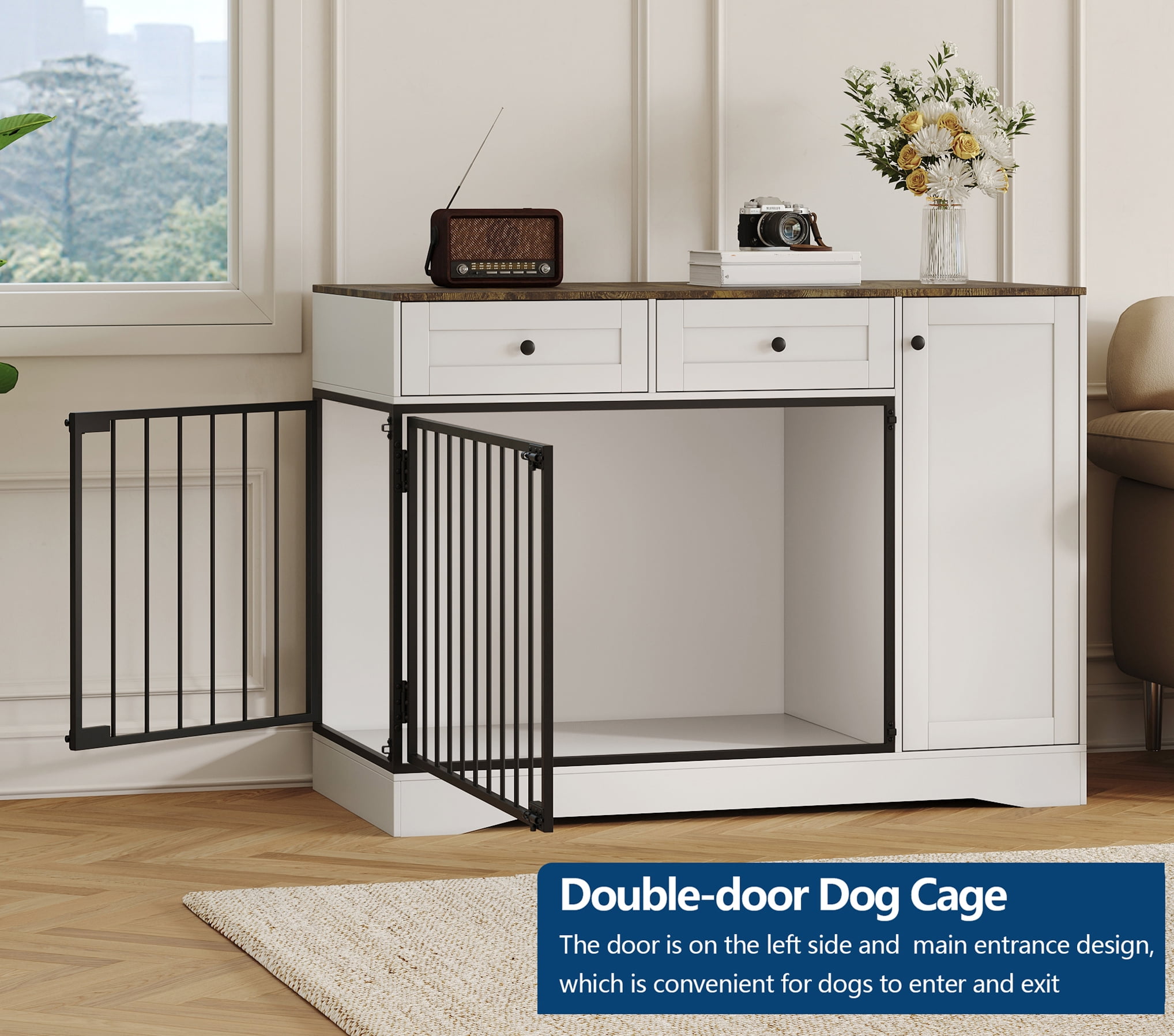 47" Farmhouse Dog Crate Furniture, Modern TV Stand with Double Doors Indoor Kennel & Buffet Cabinet with 2 Drawers, Storage Side Table for Small Medium Dogs