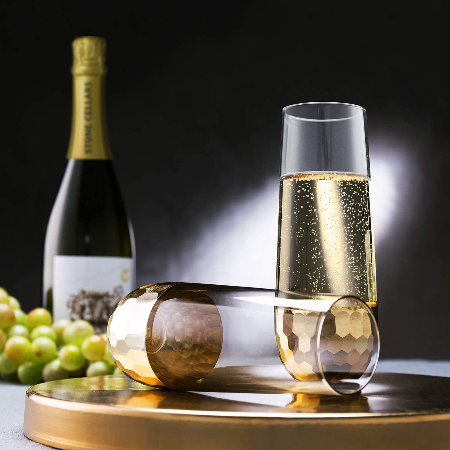 MyGift Clear Stemless Champagne Flute Glasses with Hammered Brass Plated Bottoms, Set of 4