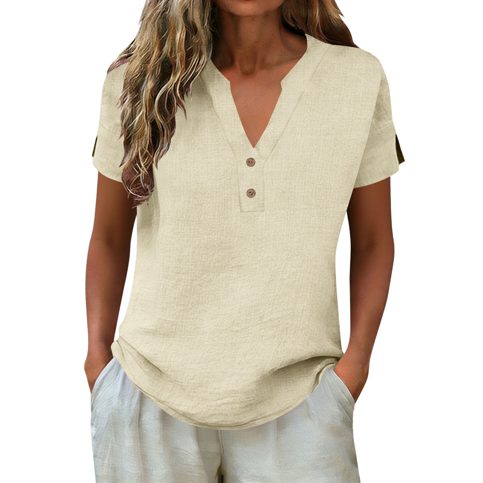 Plus Size Linen Shirts for Women - Short Sleeve V Neck Blouse Tops Lightweight Loose Fit Tunics Button Down Casual Blouses Dressy Business Tees Going Out Tops 2026 Fall Outfits(Beige 4XL)