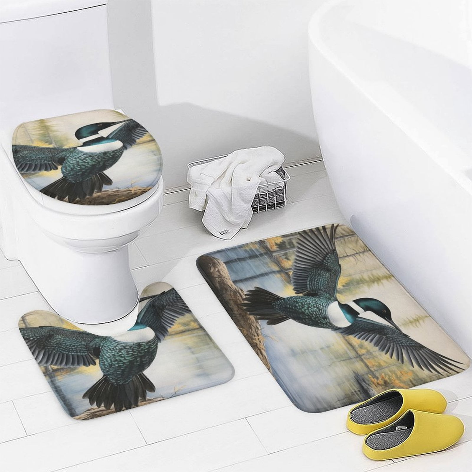 Loon Flexing His Wings 4 Pcs Shower Curtain Sets with Non-Slip Rugs Toilet Lid Cover And Bath Mat Bathroom Decor Set Loon Nature Bird Lake Water Waterproof Personality Pattern Bath Curtain