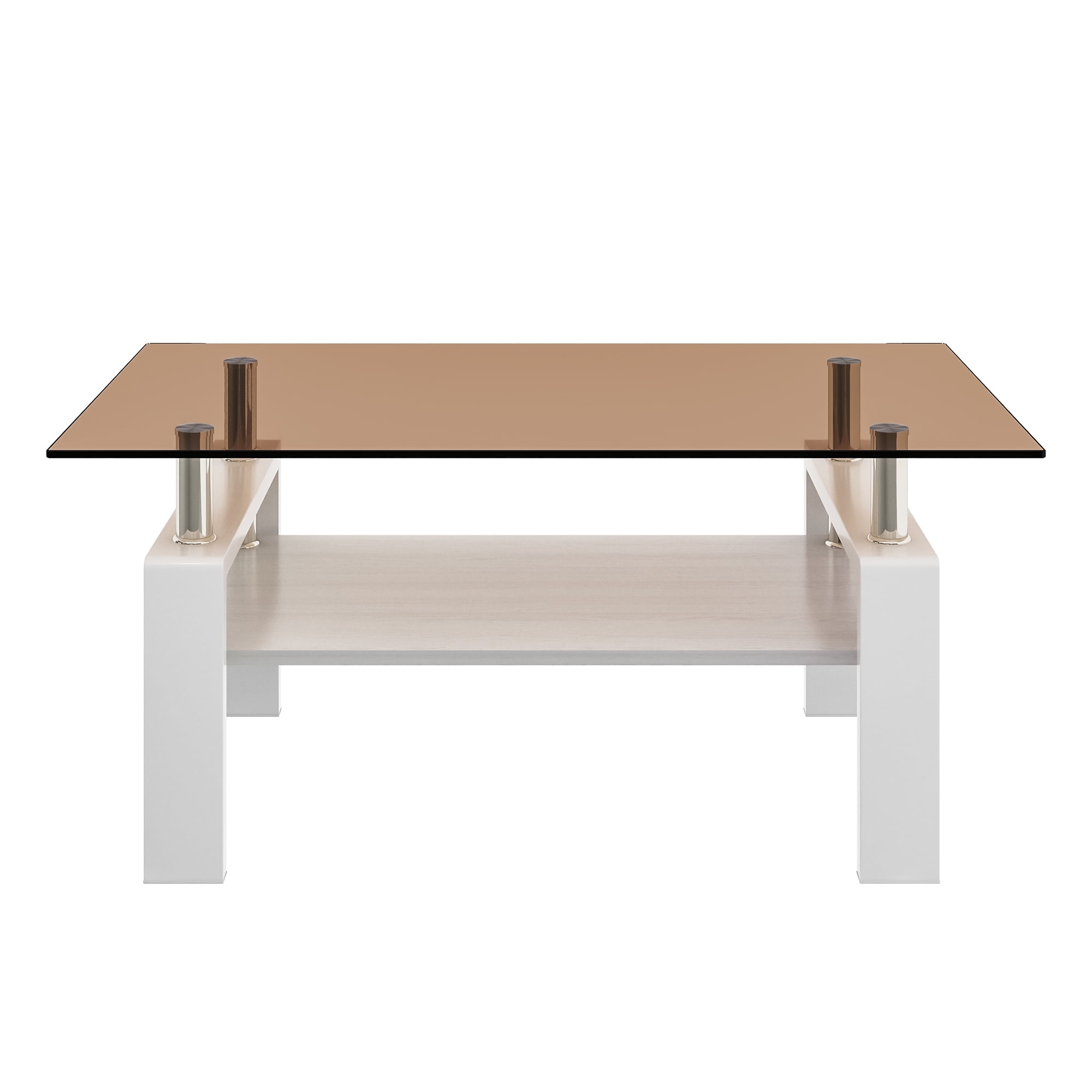 MAYEERTY Rectangle Coffee Table with Brown Tempered Glass & MDF Shelf
