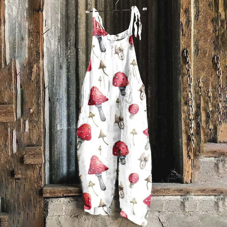 QATAINLAV Women's Summer Linen Bib Overalls Trendy Mushroom