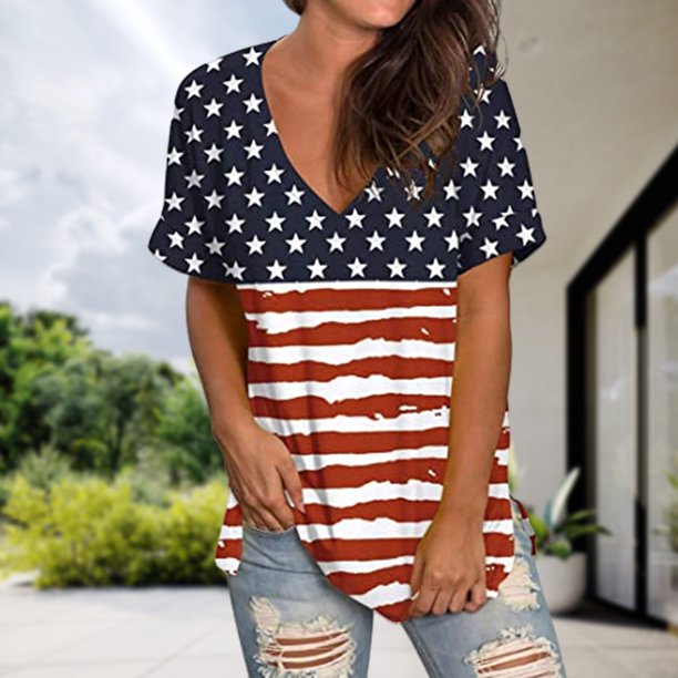 Camiseta Mujer Camiseta con estampado de rayas y estrellas para mujer, camiseta con cuello en V y abertura lateral, ropa de calle (rojo L) Cgtredaw para Mujer Rojo T L