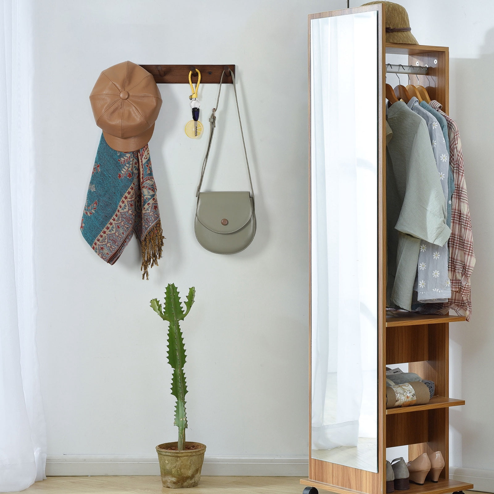 Wall Mounted Wood Coat and Hat Rack, 4 Hooks, Dark Brown