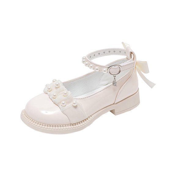 Xfvqtps Girls Loafers Pearl Lace Bow PU Oxford Mary Jane Dress Shoes New Children's Soft Sole Princess Elementary School Performance Shoes Beige