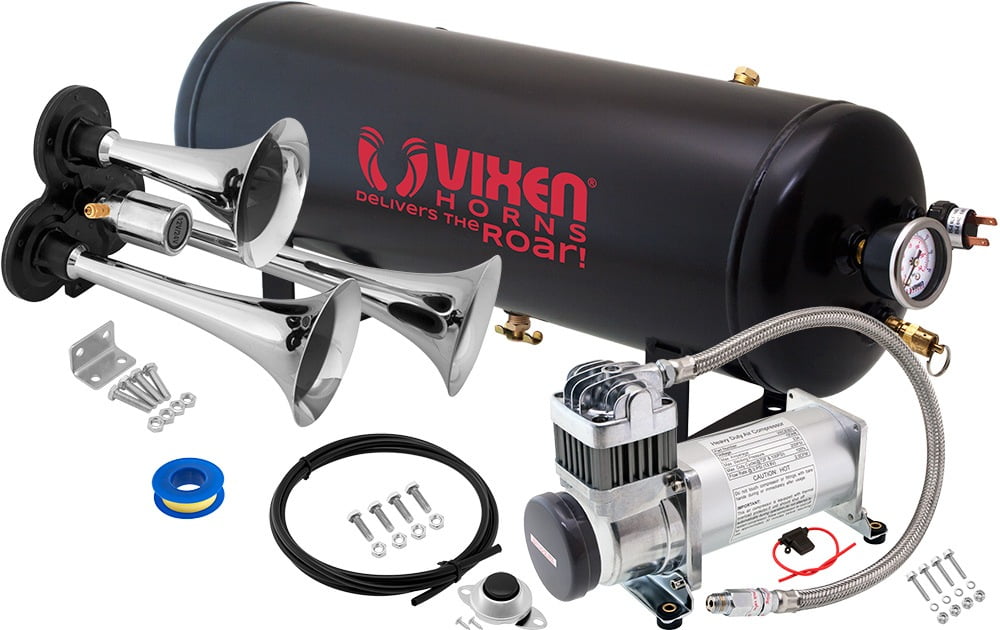 Vixen Horns Loud 149dB 4/Quad Black Trumpet Train Air Horn with 1 Gallon Tank and 150 PSI Compressor Full/Complete Onboard System/Kit VXO8210/4124B 