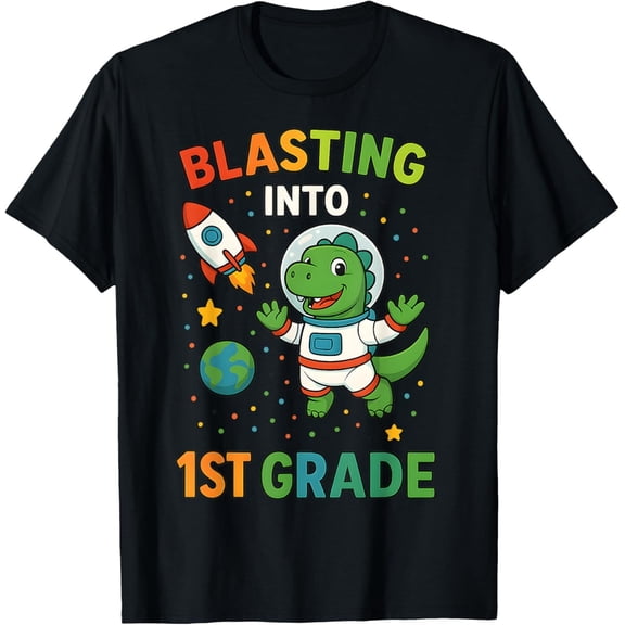 Blasting Into 1st Grade T-Shirt – Dinosaur Astronaut Back to School Shirt for Kids