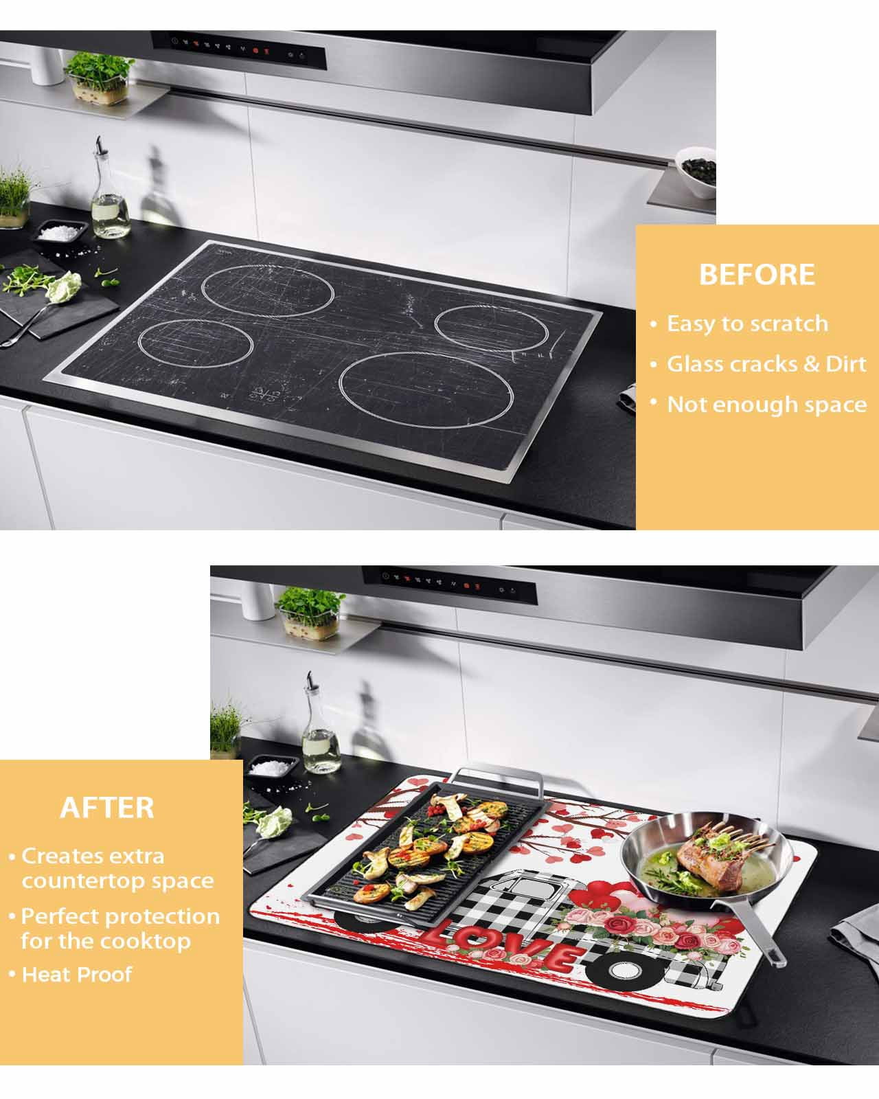 Large Induction Cooktop Protector Mat Valentine's Day Stove Top Covers for Electric Stove, Love Tree Branches Truck Roses Buffalo Plaid Decorative Stove Burner Cover Mats, Glass Top Stove Cover