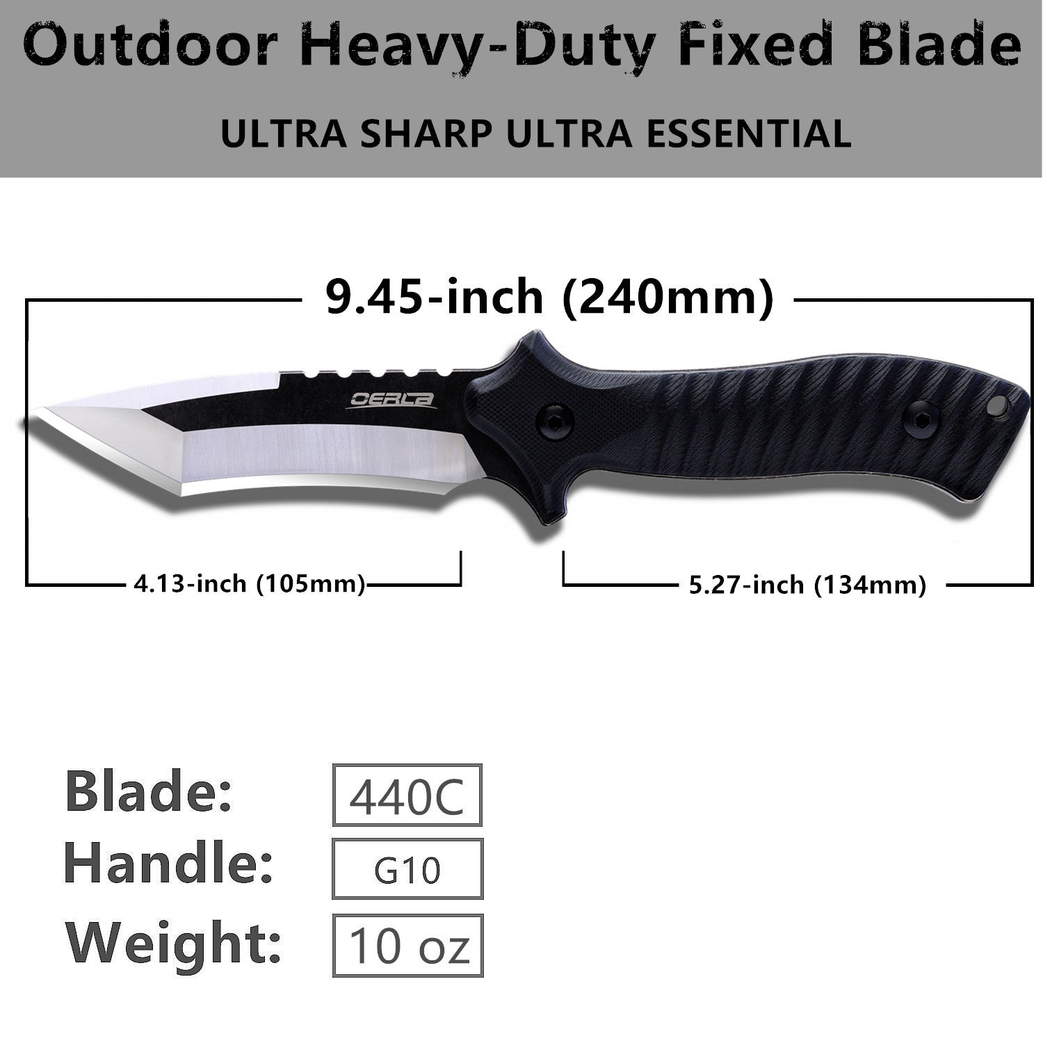 Oerla OLK-038A Tactical Fixed Blade Knife - 9.45in Overall with 440C Stainless Steel and Black G10 Handle Kydex Sheath
