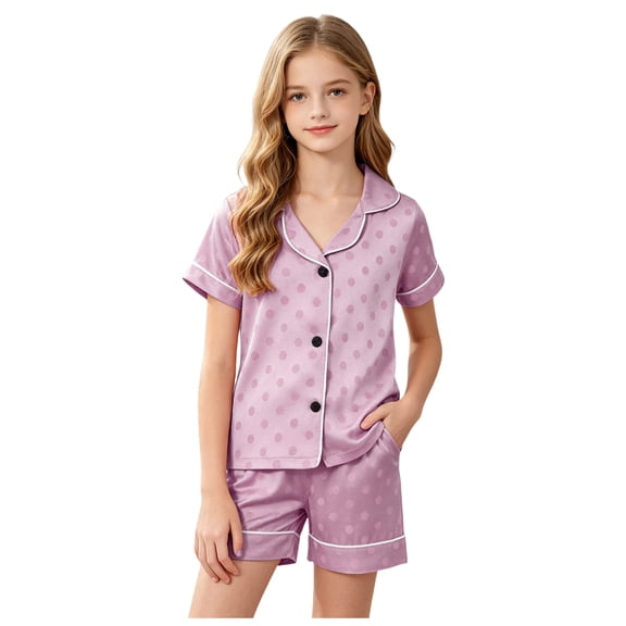 Ulanda Girls Pajamas Set Soft Silk Satin Pajamas 2 Piece Short Sleeve Sleepwear Gifts for Kids Size 3-16 Years (Purple, 12-18 Months)