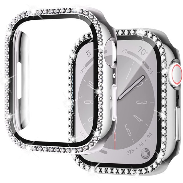 KOMI Case for Series 8 45mm & Series 7 45mm with Screen Protector, 2 Pack Hard PC Bling Bumper Shiny Crystal Diamond Rhinestone Protective Cover for iWatch 8 7 Accessories 45mm Women, Silver+Silver