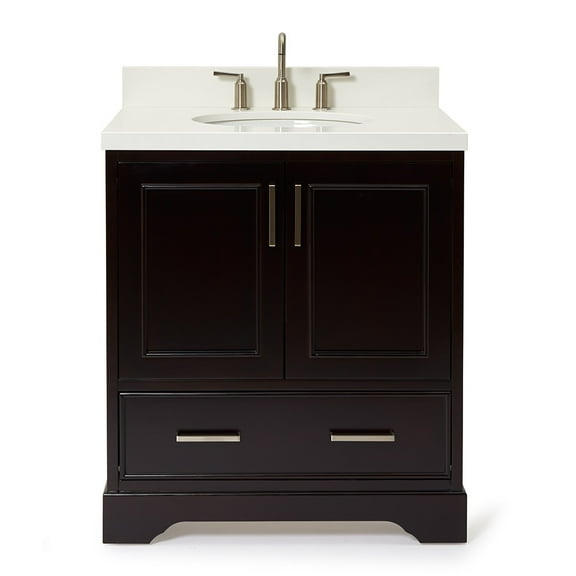 Ariel Stafford 30.5 In. Single Oval Sink Vanity Pure White Quartz Countertop W/1.5" Edge In Espresso