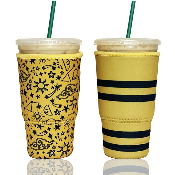 Baxendale and Co 2-Pack Large (32oz) Reusable Neoprene Insulator Sleeve for Iced Coffee or Cold Beverage Cups (Yellow Wanderlust Mix)