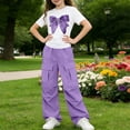 thumbnail image 4 of SGFCWSX Girls 2 Piece Outfit Sequin Bow Print Short Sleeve Top and Elastic Waist Cargo Wide Leg Pants Casual Summer Set Purple Size 6, 4 of 7