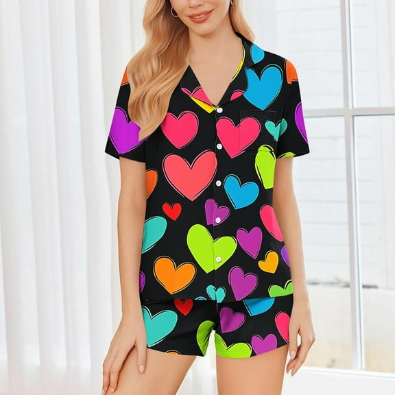 FDGIU Women's Soft Comfortable Heart Print Pajama Set - Short Sleeve Button Down 2 Piece Shorts Loungewear S-2XL