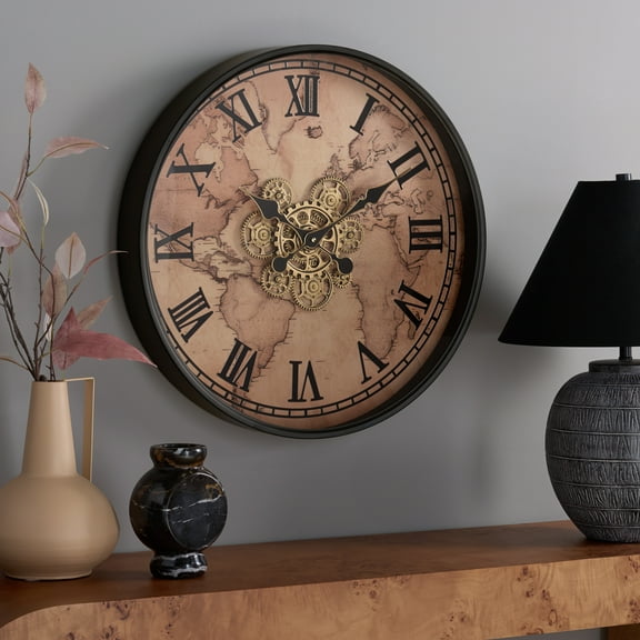 SEI Edson 24" World Map Gear Wall Clock, Beige/Black