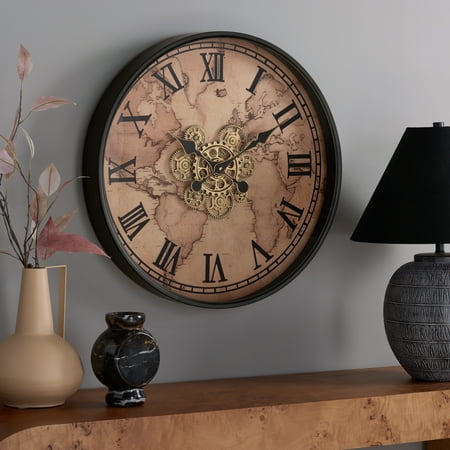 SEI Edson 24 World Map Gear Wall Clock, Beige/Black