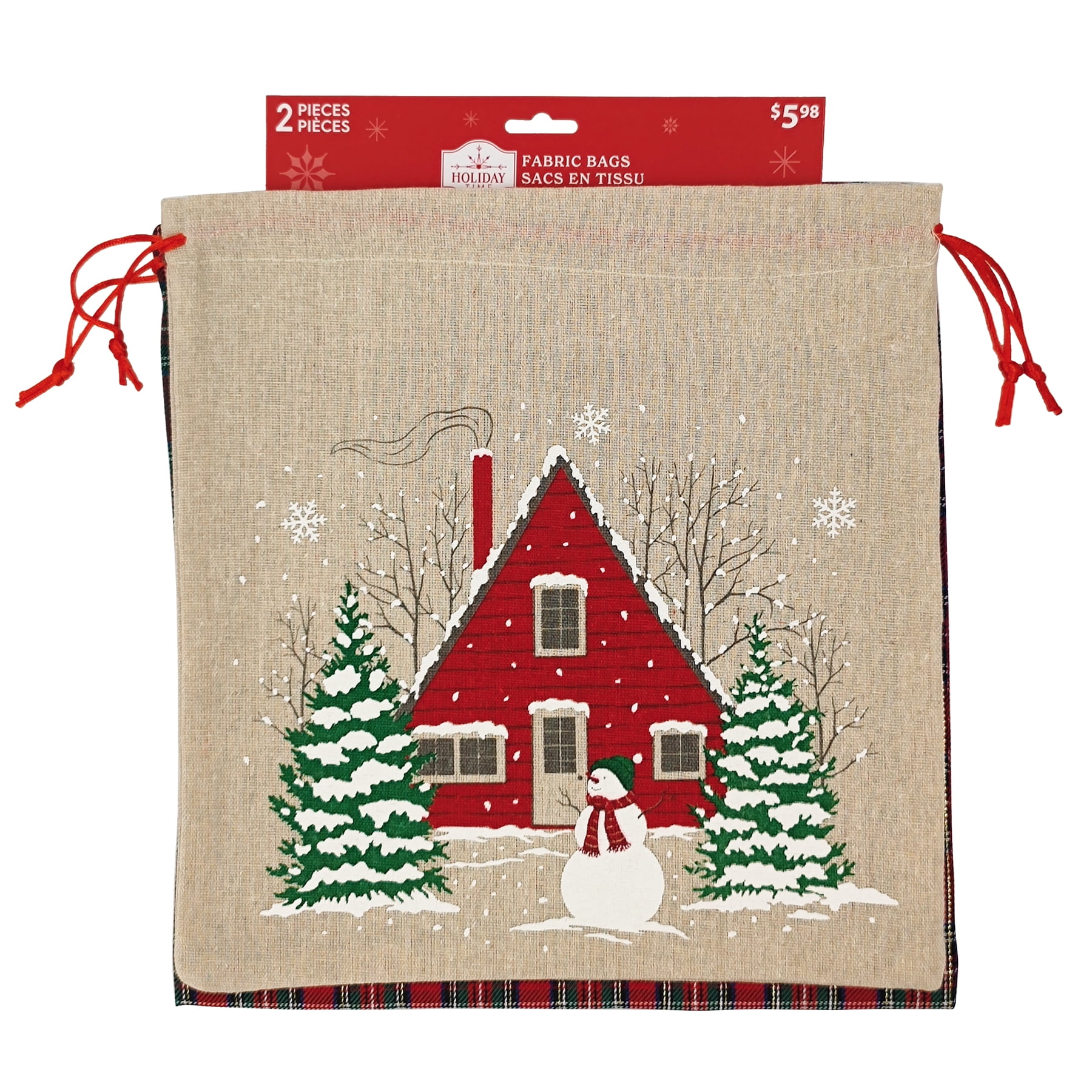 Holiday Time 2 Count Multi Color Fabric Bags with Drawstring Width 11.5" by Height 11.5" for Xmas Package Storage