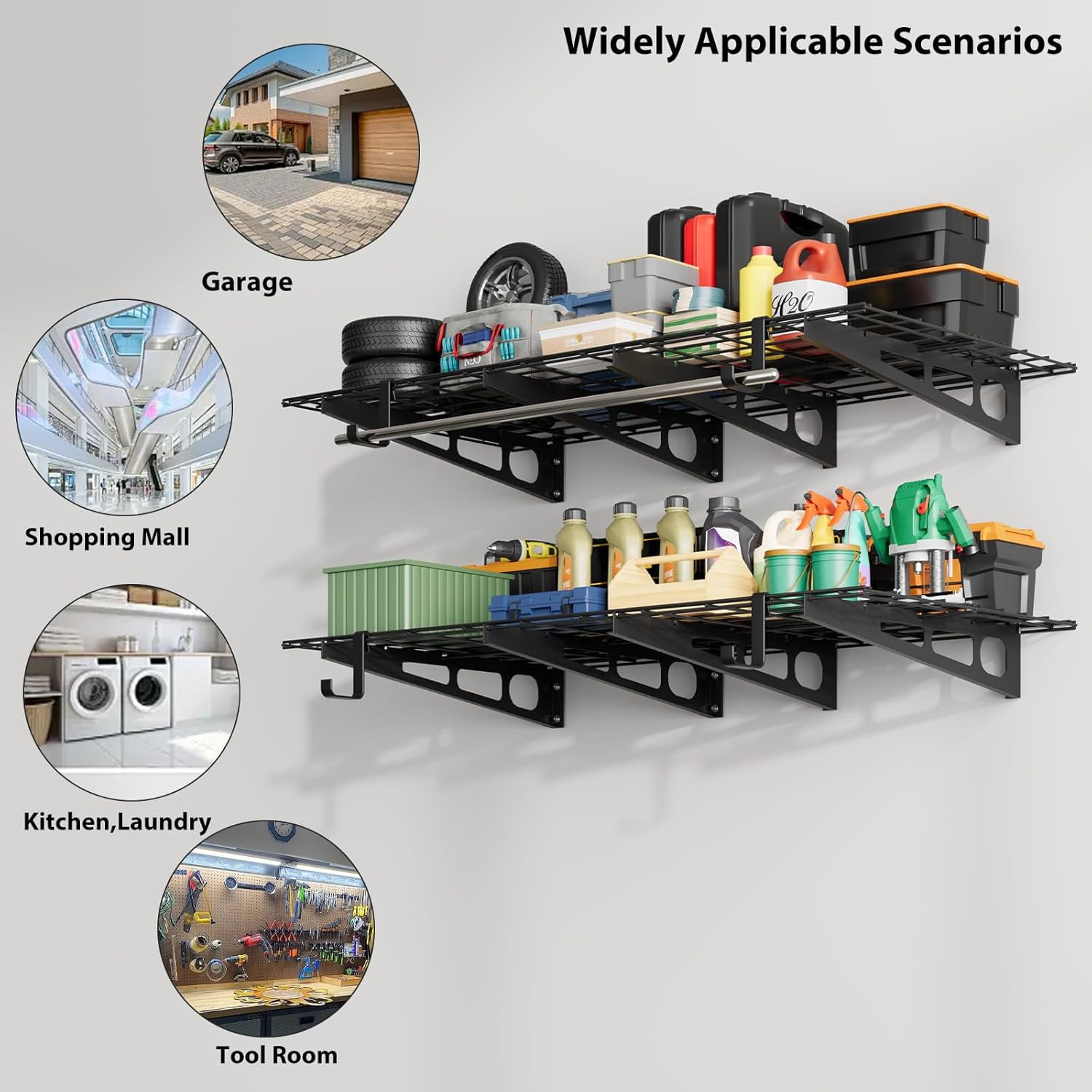 2 Tier Garage Shelving Wall Mounted,Garage Wall Shelving Heavy Duty, Metal Wall Shelf,Sturdy Shelf for Wall Storage,Garage Storage Rack Floating Shelves For Kitchen Shop, Shed, Garage Storage
