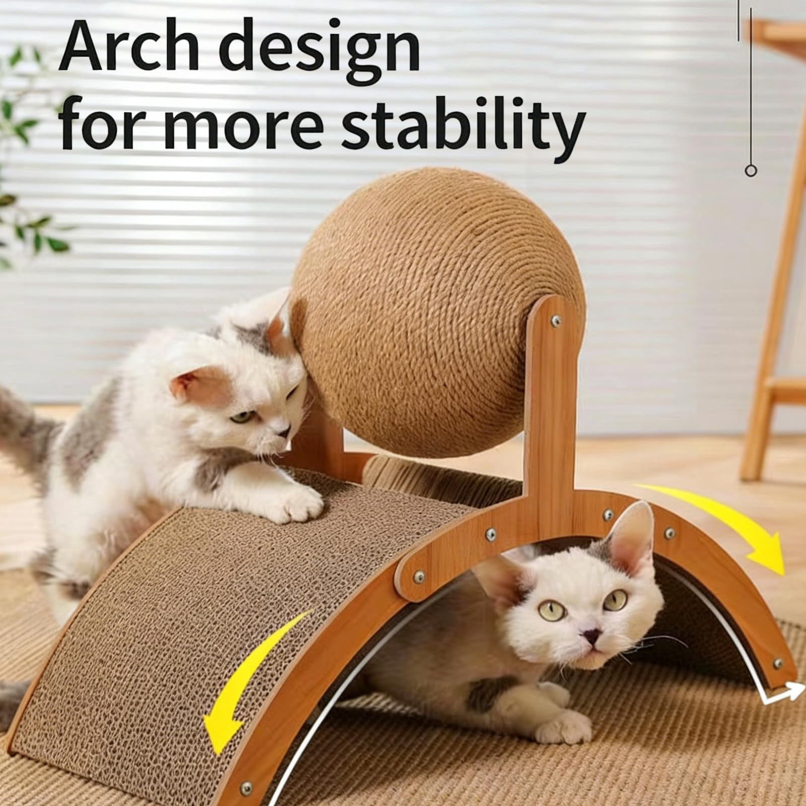 Cat Scratching Ball on Stand, Interactive 360° Rotating Sisal Ball Cat Scratcher with Arch Toy & Stable Base, Indoor Cat Scratching Post for Play, Claw Care & Furniture Protection