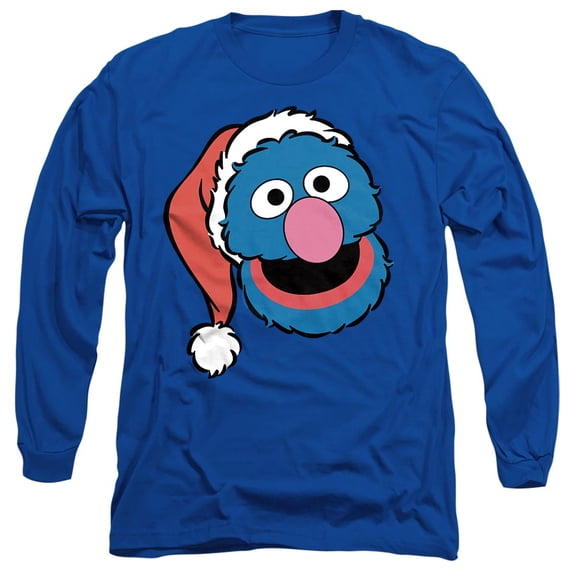 Sesame Street Christmas Santa Hat Grover Face Unisex Adult Long-Sleeve T Shirt, Royal, X-Large