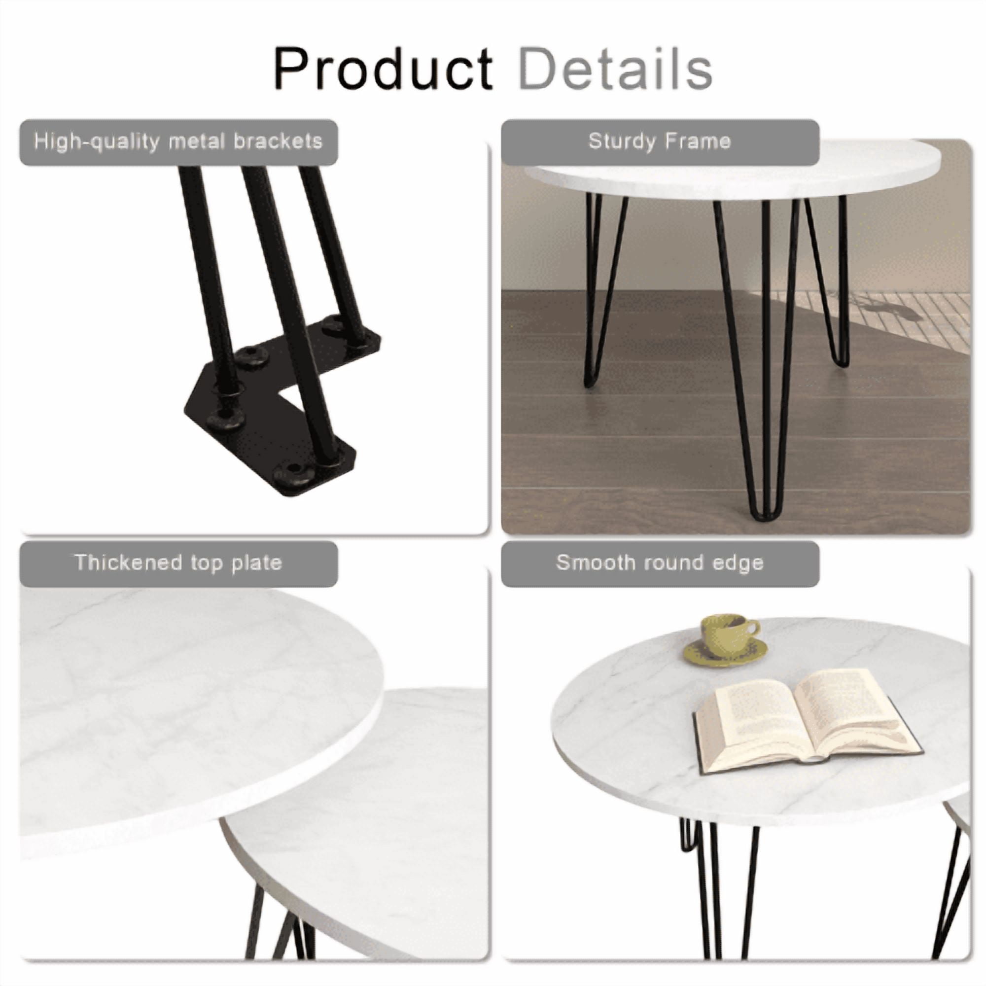 Yoneston 27.56" Round Nesting Coffee Table Set of 2, Wooden Tabletop End Table with Sturdy Metal Legs for Living Room Bedroom, White