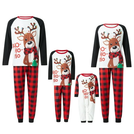 

FOCUSNORM Matching Family Pajamas Set Christmas Plaid Elkj Printed Sleepwear Dad Mom Kids Baby PJs